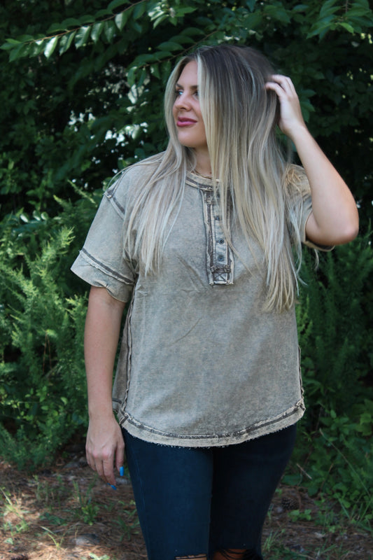 Raw Edge Button Closure Scoop Neck Top