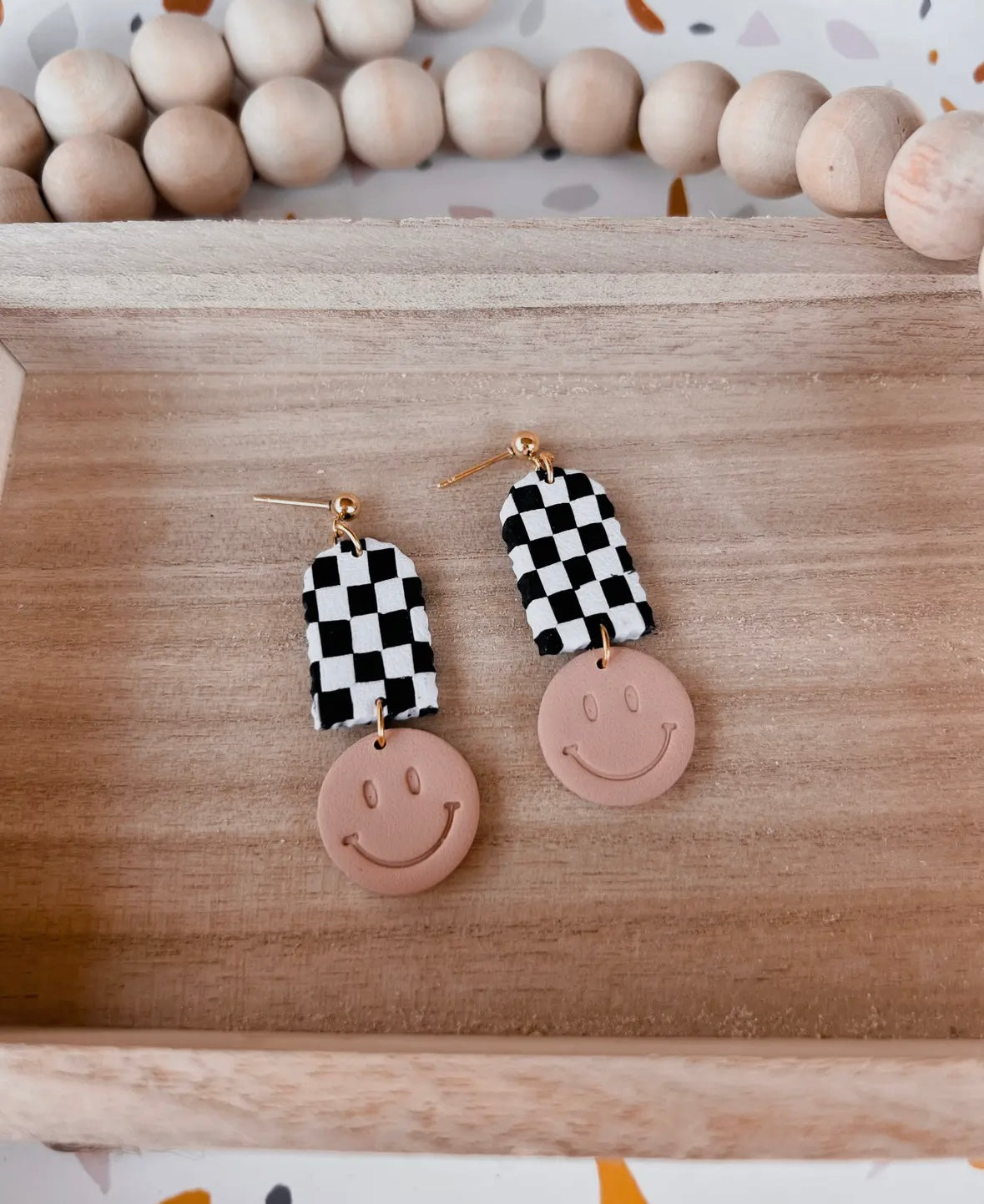 Smiley Face- Checkered- Clay Earrings