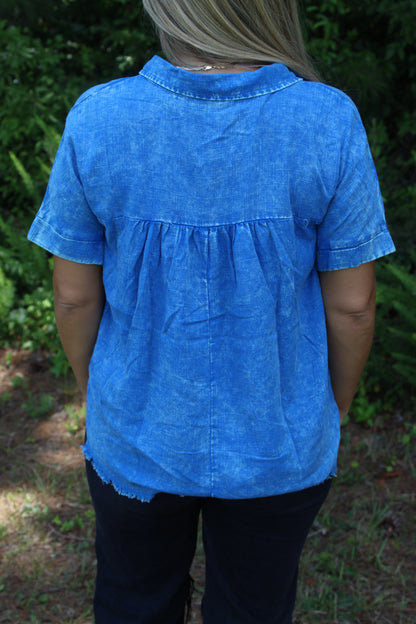 Washed Linen Raw Edge V-Neck Top