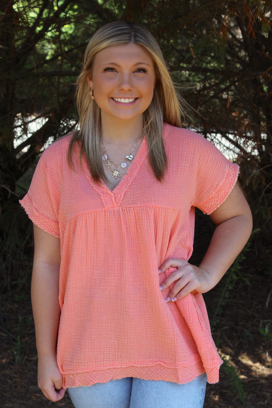 Washed Double Gauze Raw Edge Top - Coral