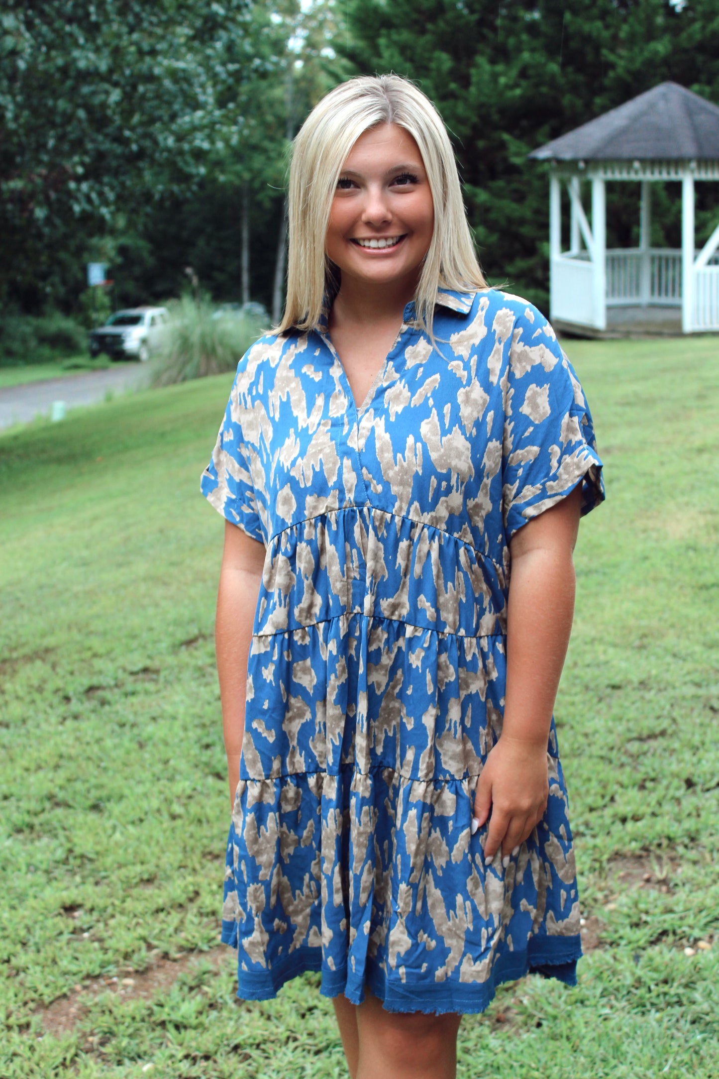 Animal Print Tiered Dress - Slate Blue
