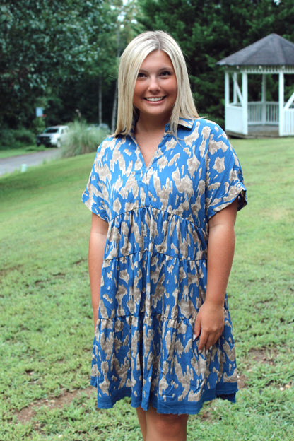 Animal Print Tiered Dress - Slate Blue