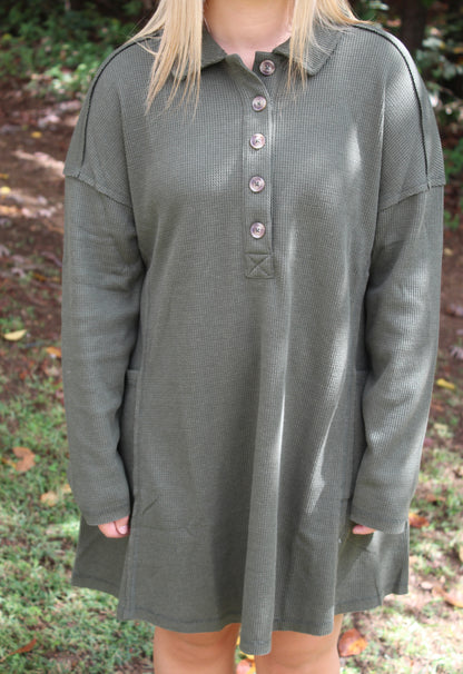 Casual Collared Henley Mini Dress - Olive