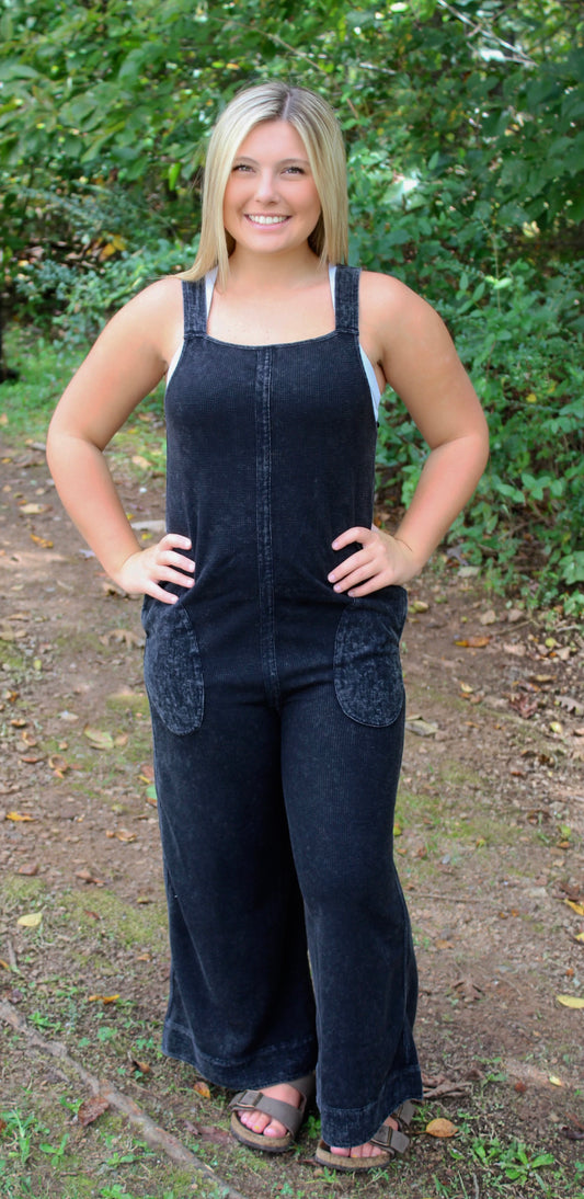 Mineral Washed Waffle Knit Jumpsuit - Black
