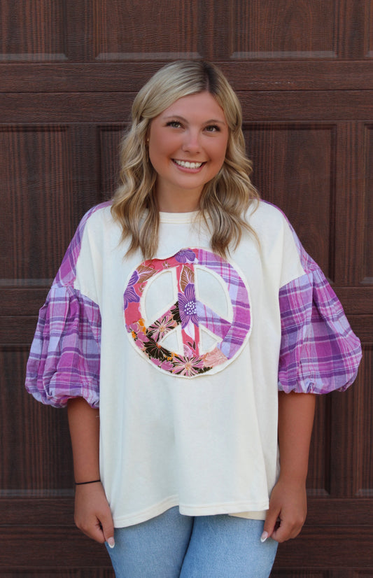 Peace Patchwork Top W/ Plaid Sleeves