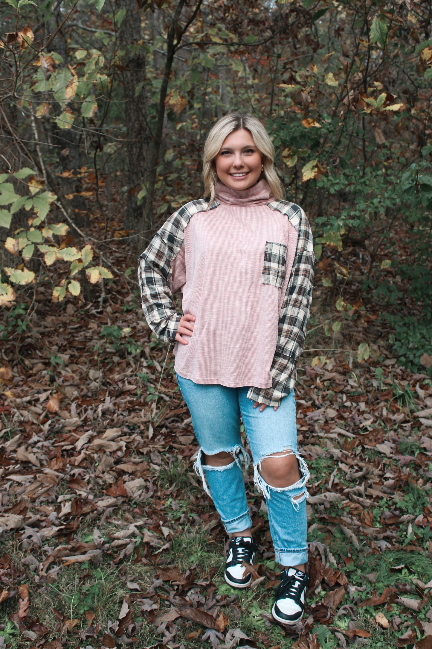 Turtle Neck Long Sleeve Plaid Top