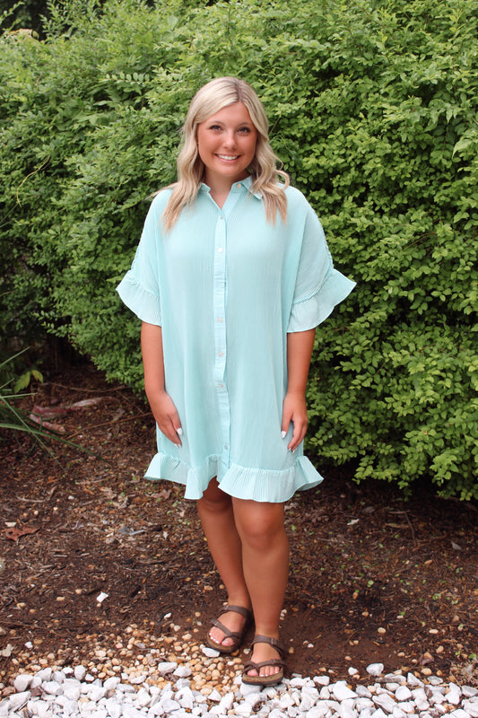 Pleated Detail Button Down Mini Dress